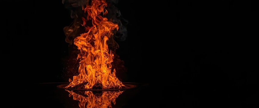 Reflective glossy table showcasing the fire's texture on a black background