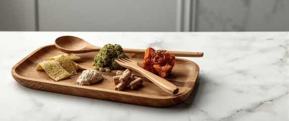 Set of wooden utensils and tray on a white backdrop
