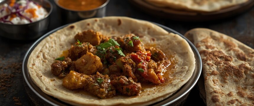 Indian beef curry paired with Kerala parathas, porotta, roti, parotta, barotta, naan layered flatbread from maida or whole wheat flour, served with spicy Asian chicken beef egg curry gravy