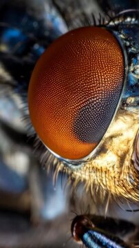 Extreme macro photography of a fly's compound eye showing intricate details of facets, hairs, and golden colors, providing an otherworldly view.