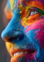 Close up joyful face colorful powder detail