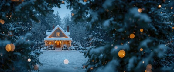 Beautiful house illuminated with Christmas lights in front of fir branches Christmas tone photo selective focus christmas, tree, winter, snow, home, white, green, holiday, colorful