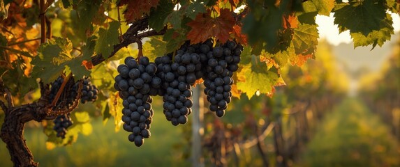 Obraz premium Black ripe grapes forming clusters in autumn