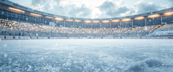 Snow-covered ice rink in winter setting with snowy backdrop