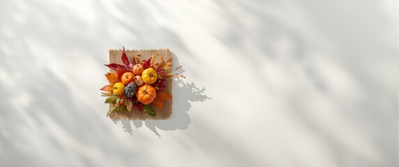 Small fall decoration with yellow and red hues on burlap against a white background