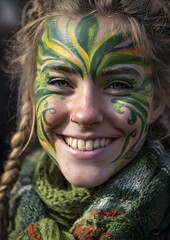 Close up portrait smiling person green face paint festive style