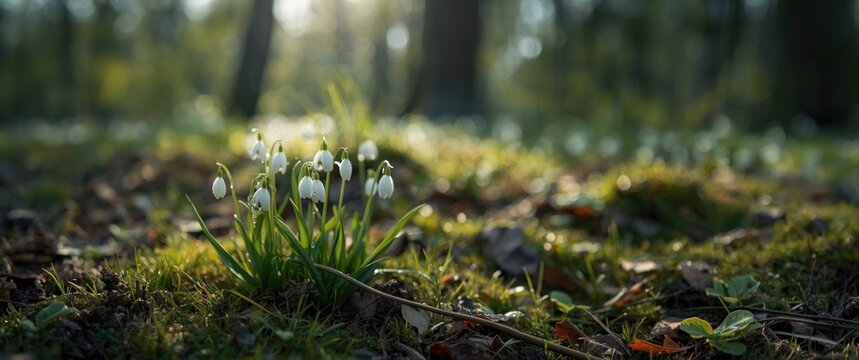 Beautiful white Spring Snowflake flowers in an Alder forest