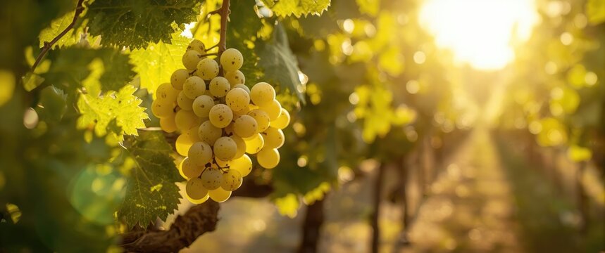 White wine grapes and grape leaves in a vineyard, close-up shot - Powered by Adobe