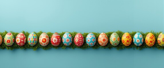 Naklejka premium Brightly painted Easter eggs in a row on blue background with green moss, spring holiday celebration, copy space