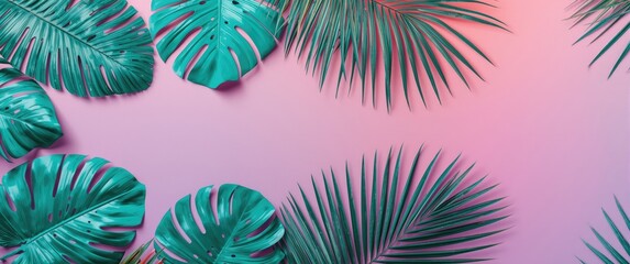 Naklejka premium Trendy turquoise-colored tropical leaves in close-up on a bright pink and violet background. Frame with copy space. Flat lay, top view, clipping path included.