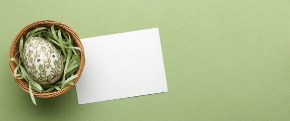 Patterned egg in Easter basket with blank card for greeting on green background, spring theme, wood texture, celebration