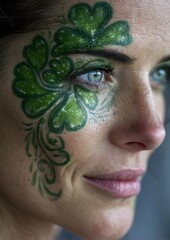 Close up green face paint shamrock design on cheek