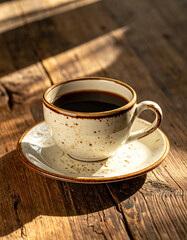 Close-up of black coffee in a speckled ceramic cup on rustic wood
