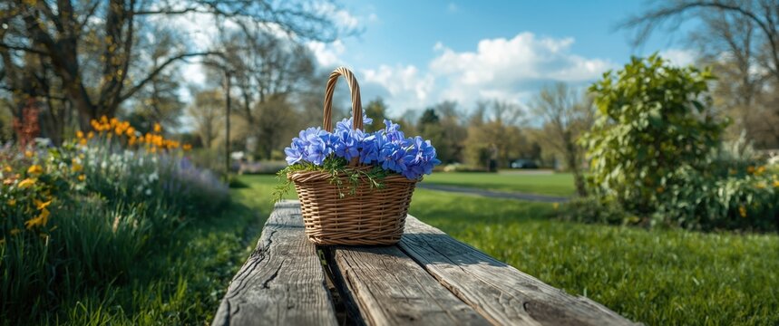 Scilla (Scilla siberica) in a Flower Basket Placed on a Garden Bench During Spring with Green Grass and Forest Background