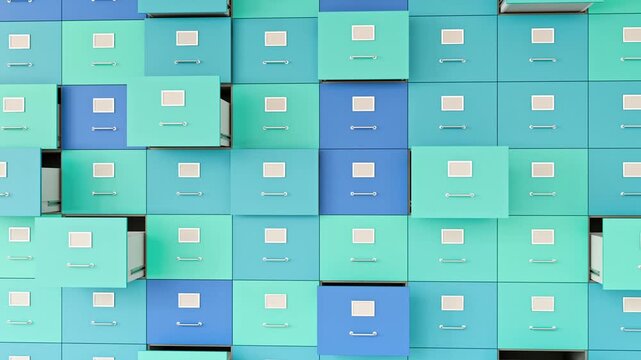 Thinking in stereotypes concept. In German "Schubladendenken" (putting things into drawers). An array of drawers, partly opened, partly closed. The camera rotating from left to right.