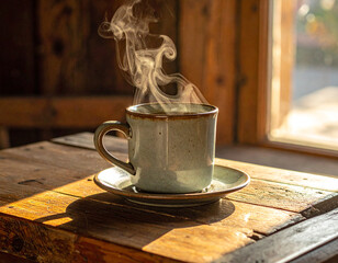 Rustic coffee cup on a wooden windowsill in morning light