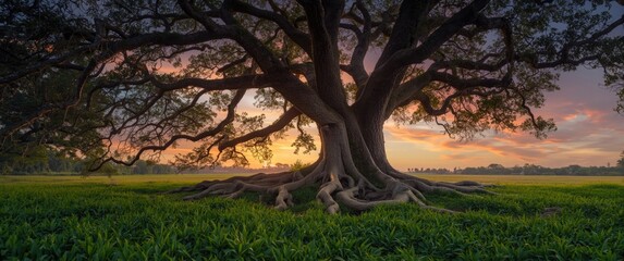 Fototapeta premium Roots of a tree with lush green grass and sunset in the background
