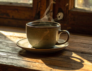 Rustic coffee cup on a wooden windowsill in morning light