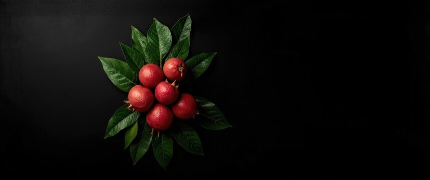 Black background top view of Leaf and Fruit Cattley guava, red Psidium cattleyanum fruit