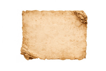 Old paper template showing a weathered parchment texture with irregular torn and burned edges, isolated on a transparent background