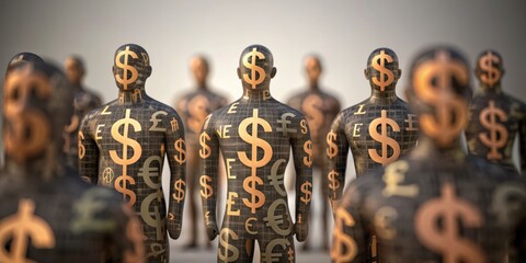 Figures with dollar signs symbolize wealth and commerce, standing in a blurred environment that emphasizes economic themes.