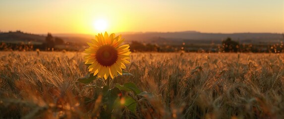 Fototapeta premium Tranquil evening with a tiny sunflower amidst ripe barley during Shavuot in Ayalon Valley, Central Israel