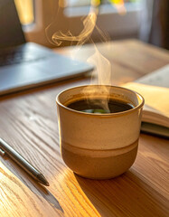 Steaming coffee mug on a wooden desk with laptop and notebook