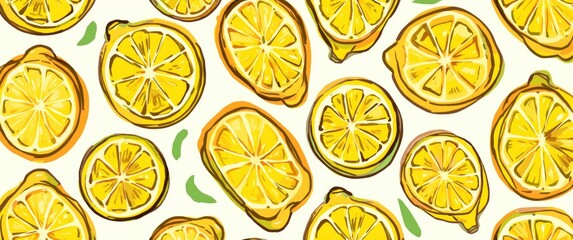 Seamless bright light design with Fresh lemons for fabric, drawing labels, T-shirt prints, children's room wallpaper, and fruit-themed background, featuring lemon slices in cheerful doodle style