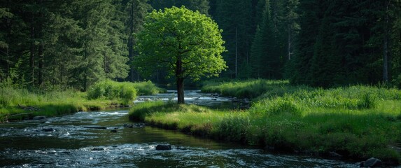 Beautiful landscape with trees, water, grass, and forest elements