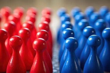 Colorful game pieces arranged in two opposing rows, one red and one blue, representing strategy and competition.