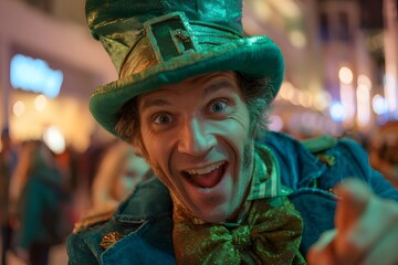 Leprechaun costume performer smiling playful pose