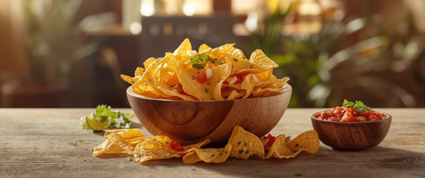 Crunchy nachos corn chips paired with fresh homemade salsa