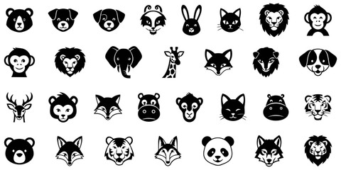 Set of animal head face bear dog raccoon rabbit cat lion monkey elephant giraffe fox deer hippo tiger panda and other animal icon vector © sorov