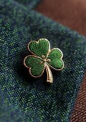 Close up green hat shamrock pin festive detail