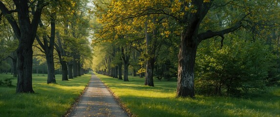 A charming pathway amidst tall trees, all decorated with vivid yellow flowers blooming on the branches