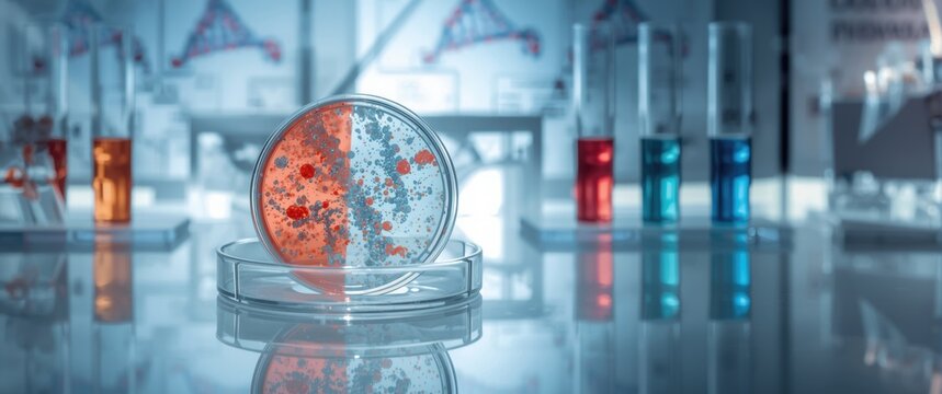 Electrophoresis image of DNA sequence, restriction map, Petri dish, and tubes