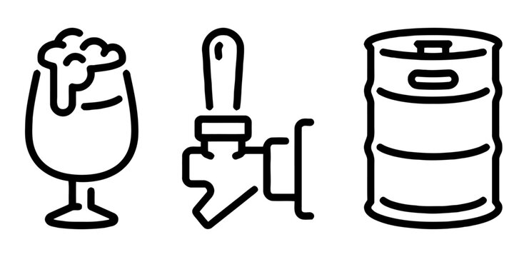 Set of beer icons showing glassware and equipment for serving beverage with elements of glass filled with beer and keg for serving liquid