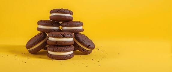 Chocolate cookie sandwiches with milk cream on a bright yellow backdrop
