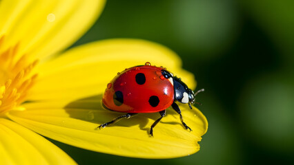 Fototapeta premium Ladybug on yellow flower petal with black spots social media thumbnail poster banner download 2026 2027