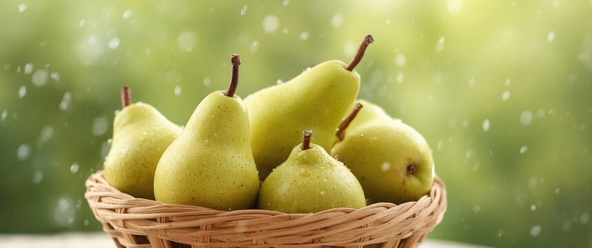 Nashi pear fruit fresh in a wooden basket against a green blur backdrop