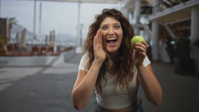 Woman holding a green apple, cupping hand to mouth and shouting at airport terminal walkway, smiling widely in jeans and white tshirt; healthy snack excitement.
