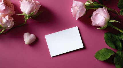 Fototapeta premium Blank card with pink roses on vibrant background for romantic greeting concept