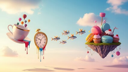 Whimsical surreal scene with melting clock and colorful desserts floating in the air