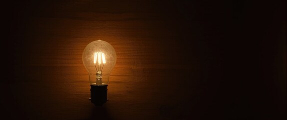 Concept of a glowing bulb against a brown wooden background