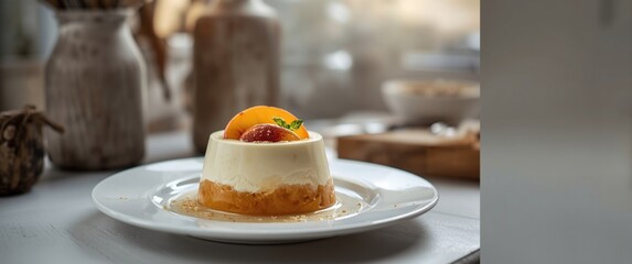 Two-layer background with homemade peach and milk pudding as the centerpiece
