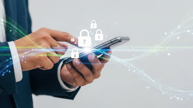 Businessman using smartphone with digital security padlock icons floating above screen on grey background - Powered by Adobe