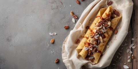 Healthy vegan rolled crepes topped with banana, nuts, coconut, and date syrup against gray backdrop