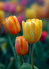 Close up tulip flowers blooming vivid spring colors