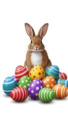 Easter bunny surrounded by colorful decorated easter eggs