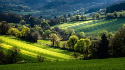 Spring countryside scenery fresh green fields